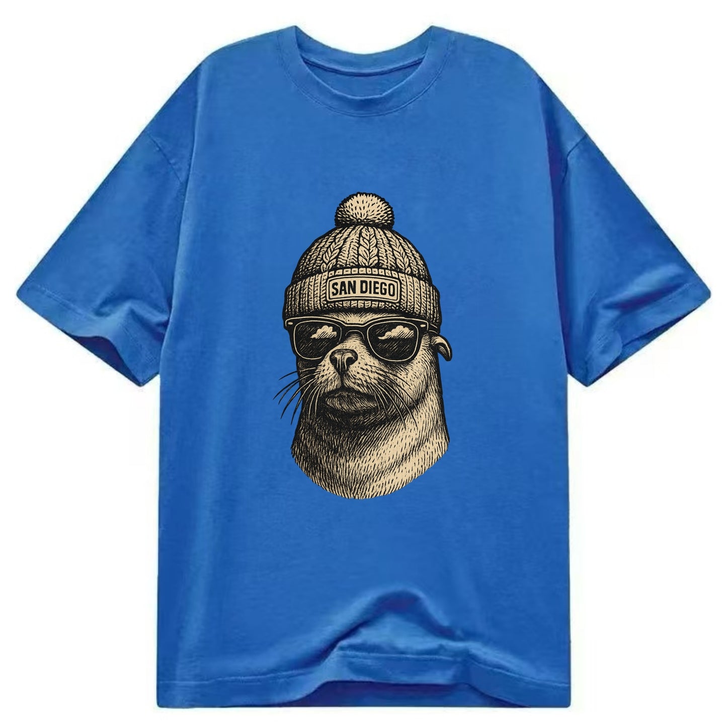 San Diego Sea Lion wearing San Diego beanie with pom pom and wayfarer sunglasses - Classic T-shirt - Blue