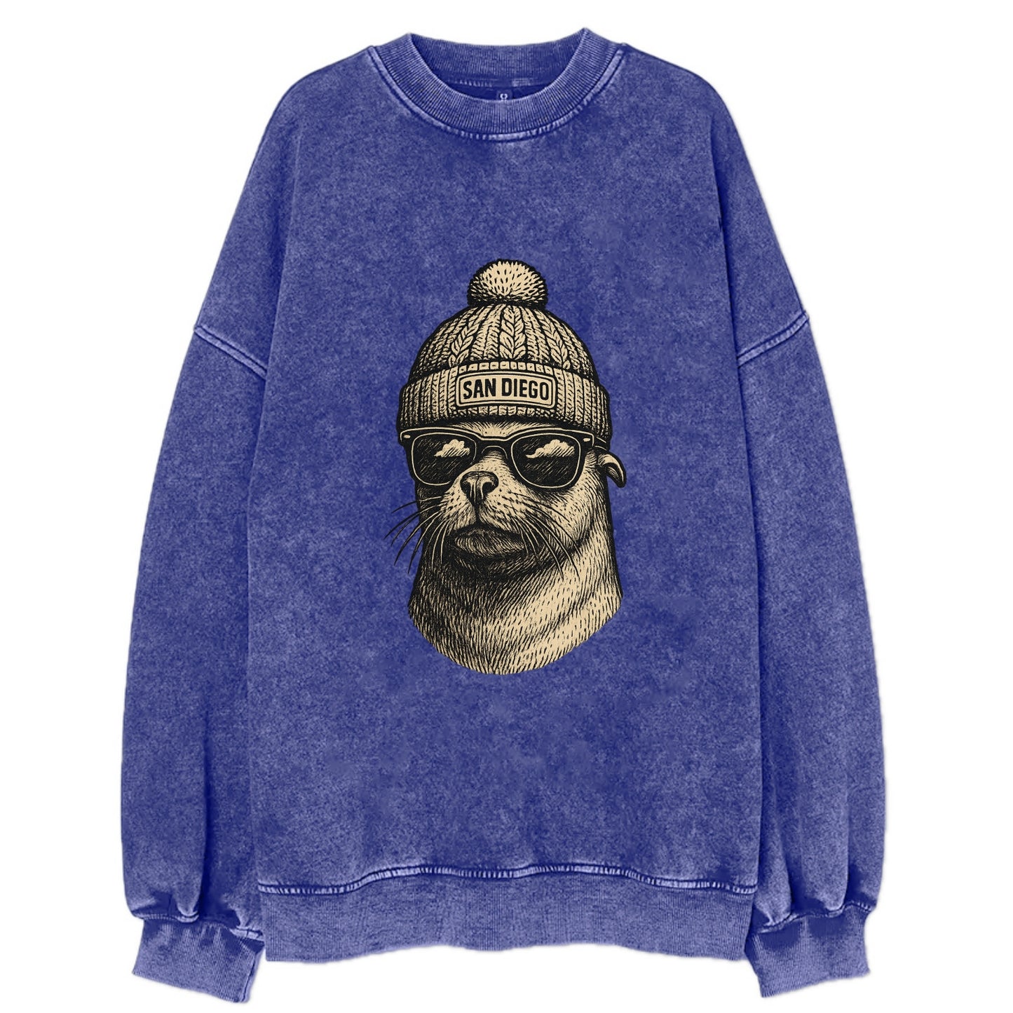 San Diego Sea Lion wearing San Diego beanie with pom pom and wayfarer - Vintage Sweatshirt - Blue