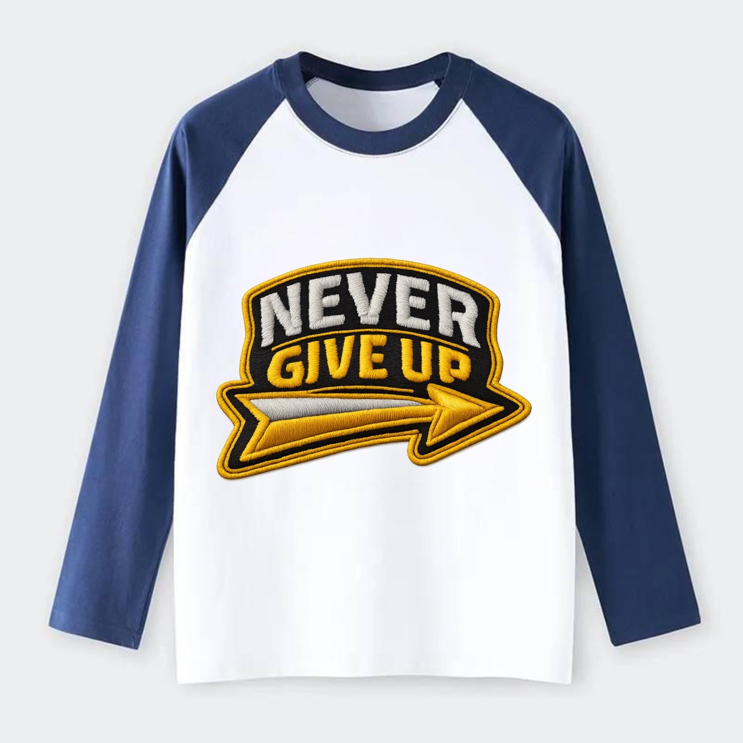 NEVER GIVE UP - bold text with arrow in gold , determination - Raglan Long Sleeve T-Shirt - Blue