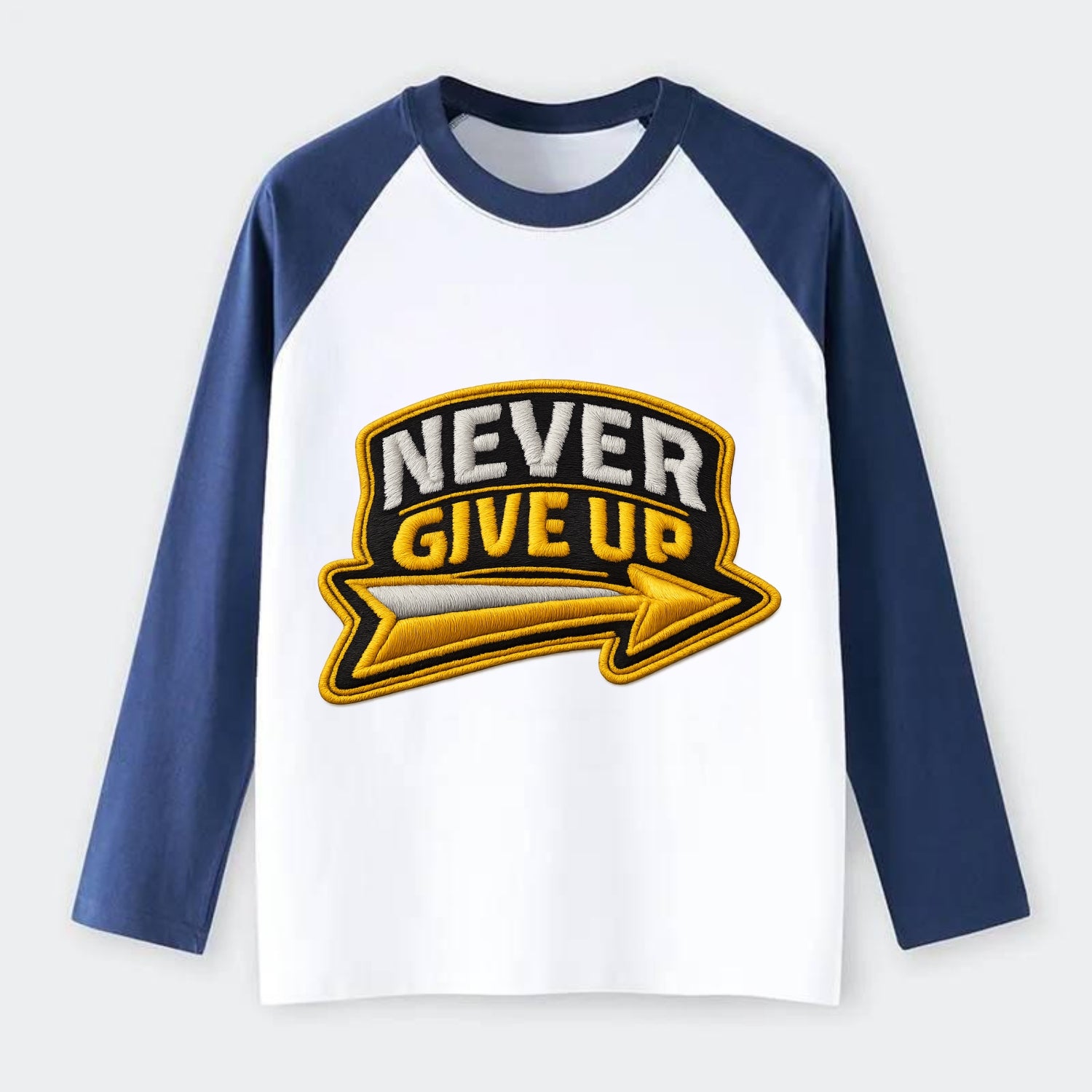 NEVER GIVE UP - bold text with arrow in gold , determination - Raglan Long Sleeve T-Shirt - Blue