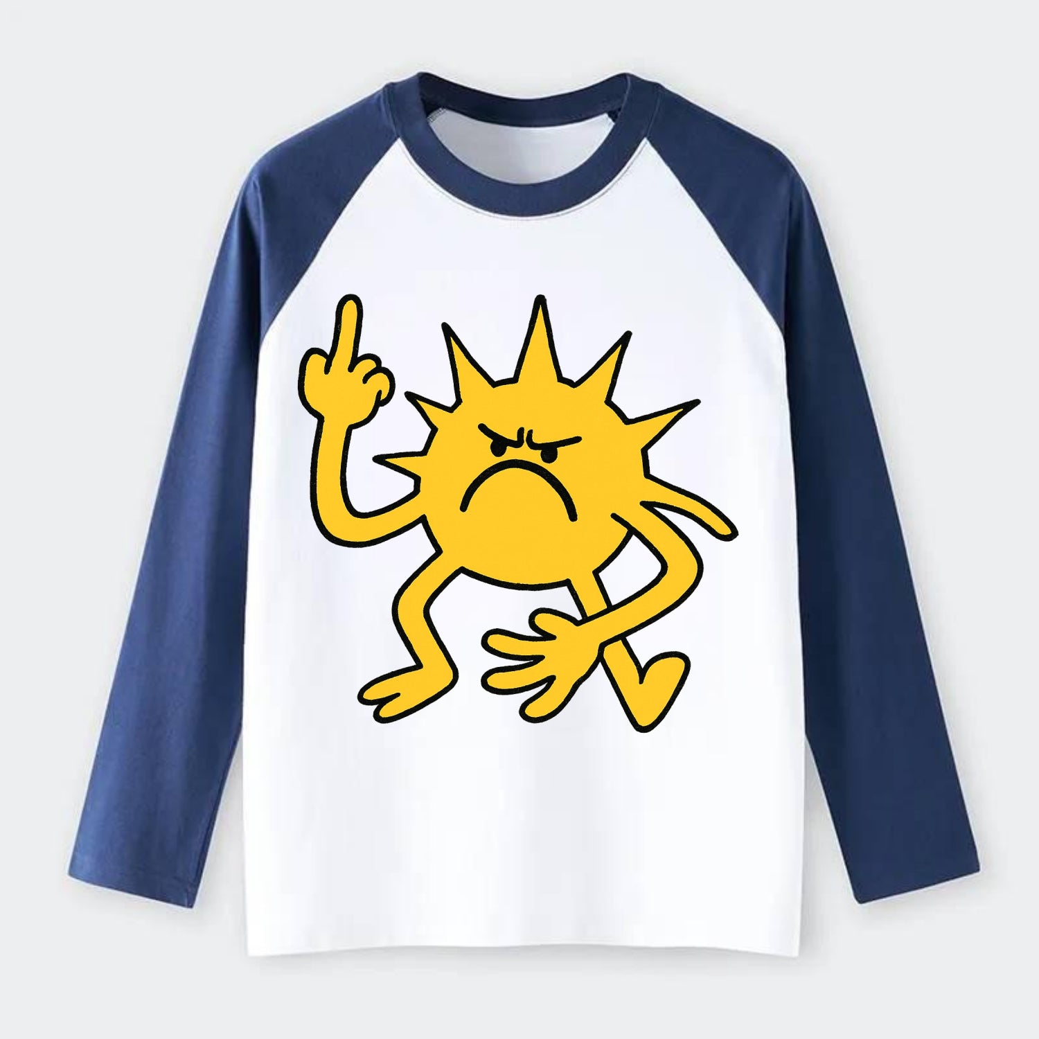 MORNINGS ARE PUNISHMENT | Grumpy sun with middle finger - Raglan Long Sleeve T-Shirt - Blue