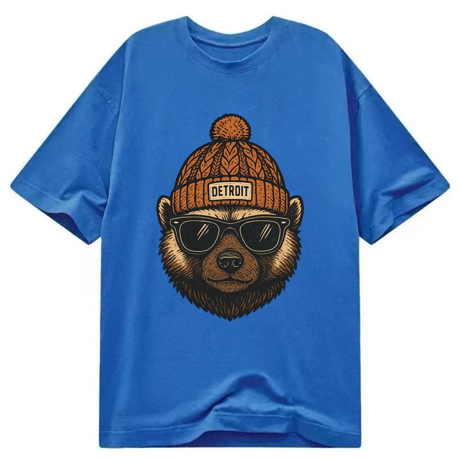 Detroit Wolverine wearing Detroit beanie with pom pom and wayfarer sunglasses - Classic T-shirt - Blue