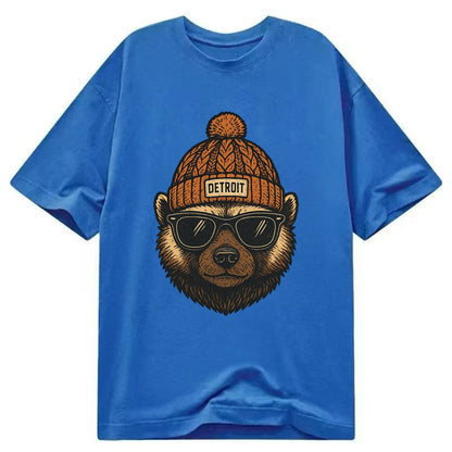 Detroit Wolverine wearing Detroit beanie with pom pom and wayfarer sunglasses - Classic T-shirt - Blue