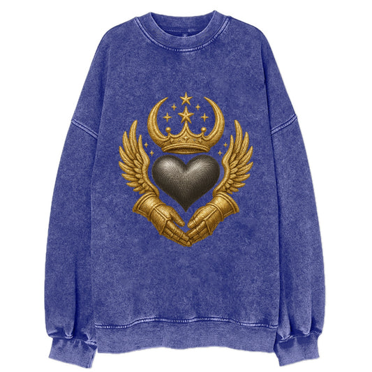 Nordic knotwork crown supporting a frosted steel heart with mittened hands - Vintage Sweatshirt - Blue