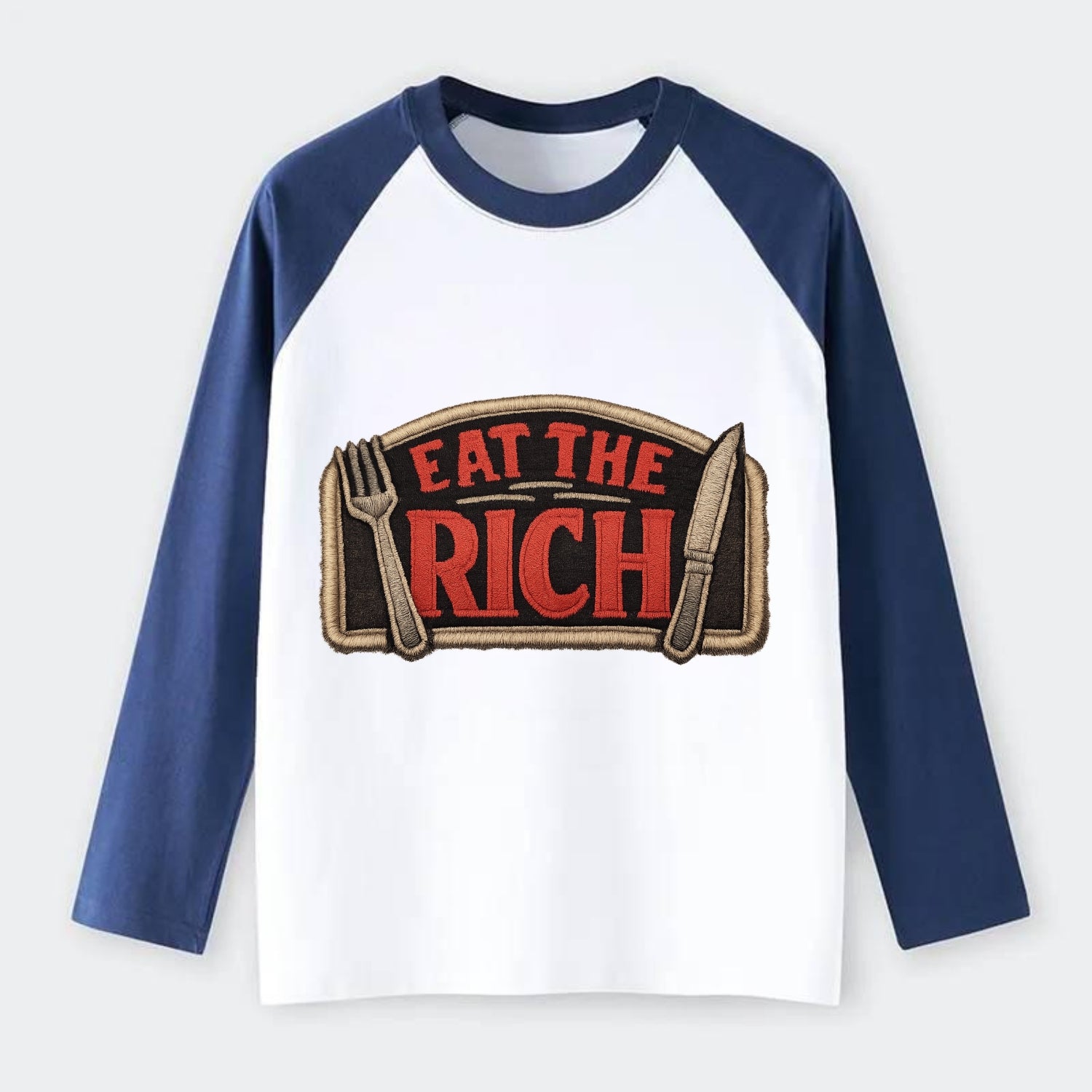 EAT THE RICH - fork and knife with text in red and silver , class war - Raglan Long Sleeve T-Shirt - Blue