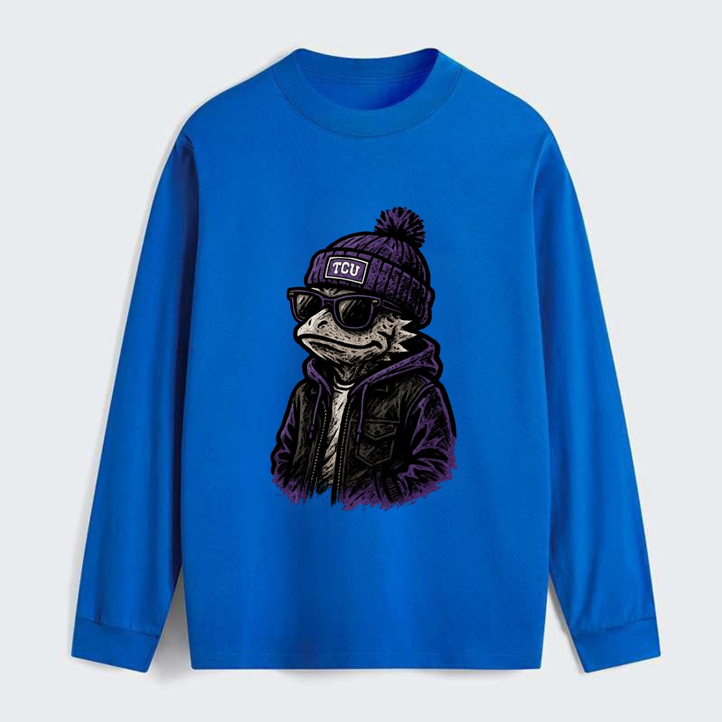 Fort Worth Frog wearing TCU beanie with horned patch - Classic Long Sleeve Shirt - Blue