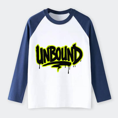 Bold typography design - "UNBOUND" - without limits, free from - Raglan Long Sleeve T-Shirt - Blue