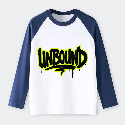 Bold typography design - "UNBOUND" - without limits, free from - Raglan Long Sleeve T-Shirt - Blue