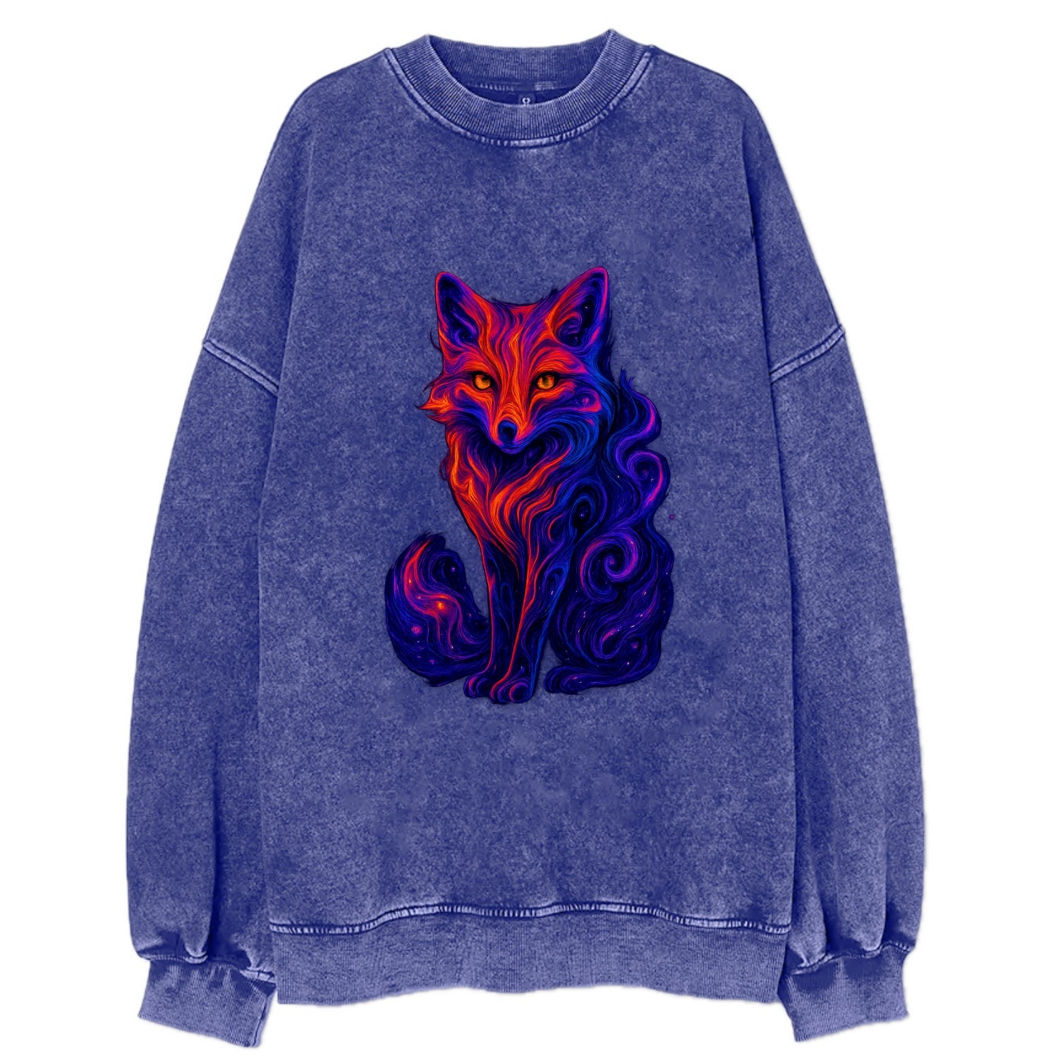 Clever fox with tail dissolving into cosmic nebula swirls, orange to purple - Vintage Sweatshirt - Blue