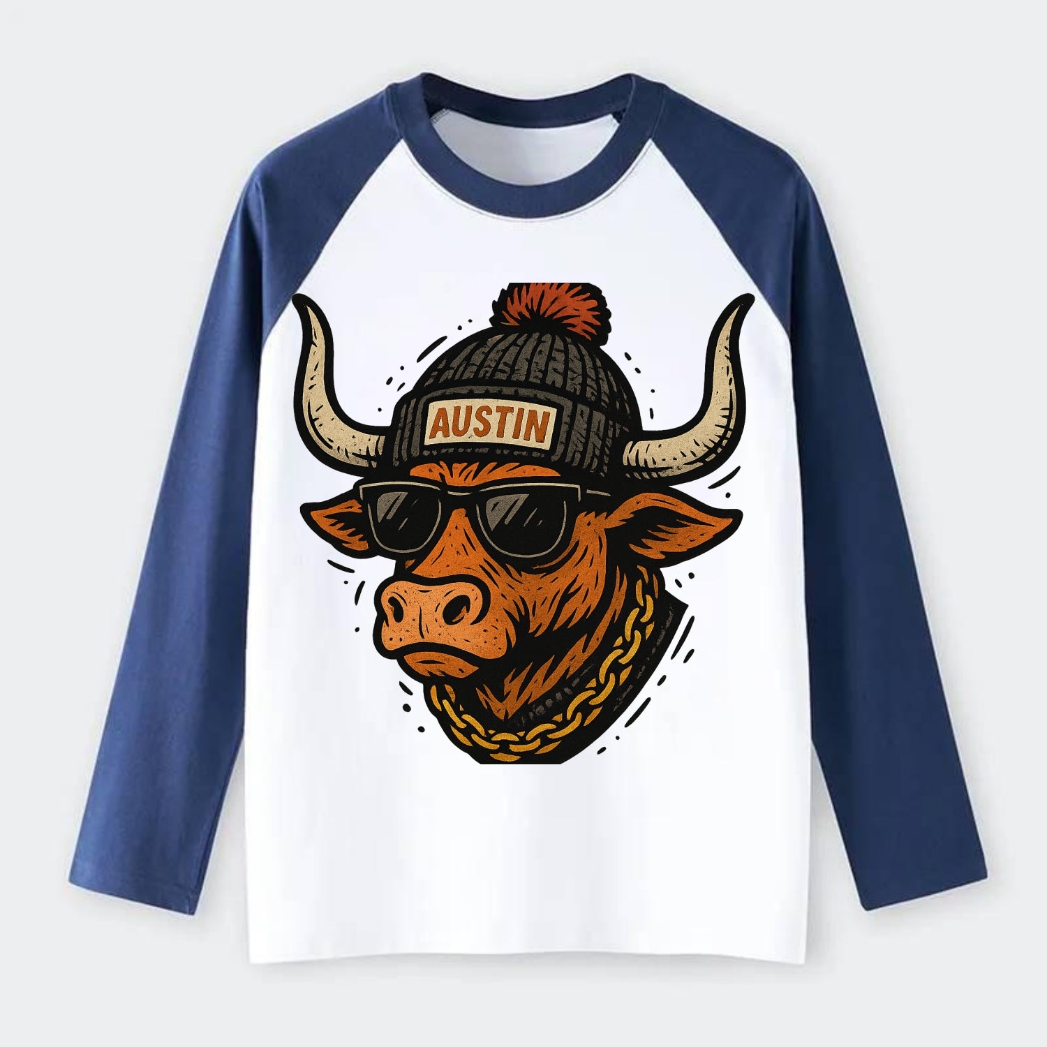 Texas Longhorn wearing Austin beanie with pom pom and wayfarer - Raglan Long Sleeve T-Shirt - Blue
