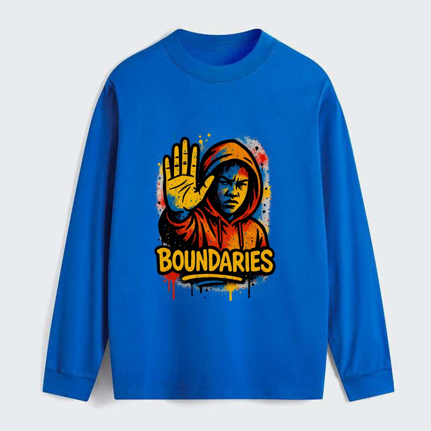 Person holding up hand in "stop" gesture - setting boundaries concept, - Classic Long Sleeve Shirt - Blue