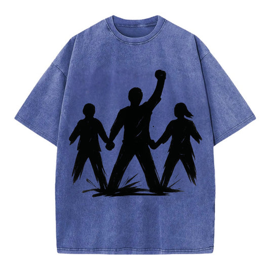 Human chain formation - unity and protection ink brushwork - Vintage T-shirt - Blue