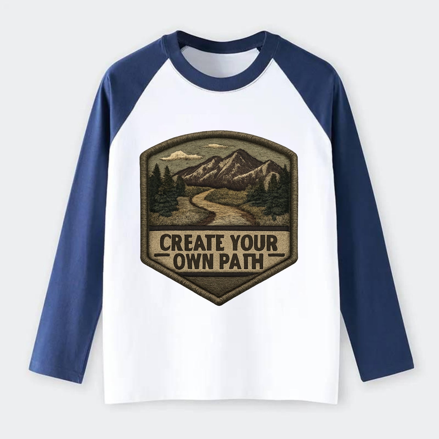 CREATE YOUR OWN PATH - trail with text in brown , independence - Raglan Long Sleeve T-Shirt - Blue