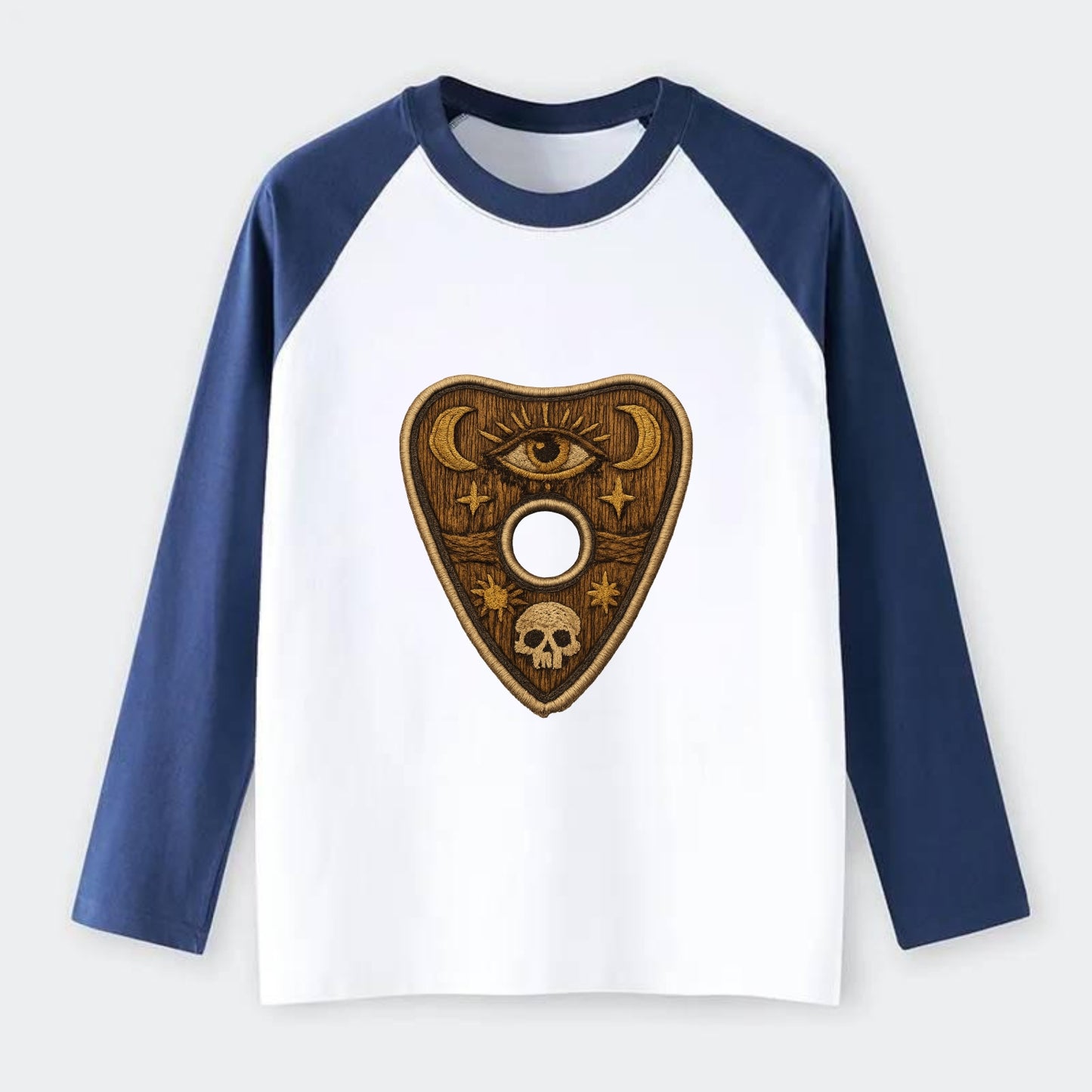 OUIJA PLANCHETTE - spirit board pointer in wood and gold , seance - Raglan Long Sleeve T-Shirt - Blue