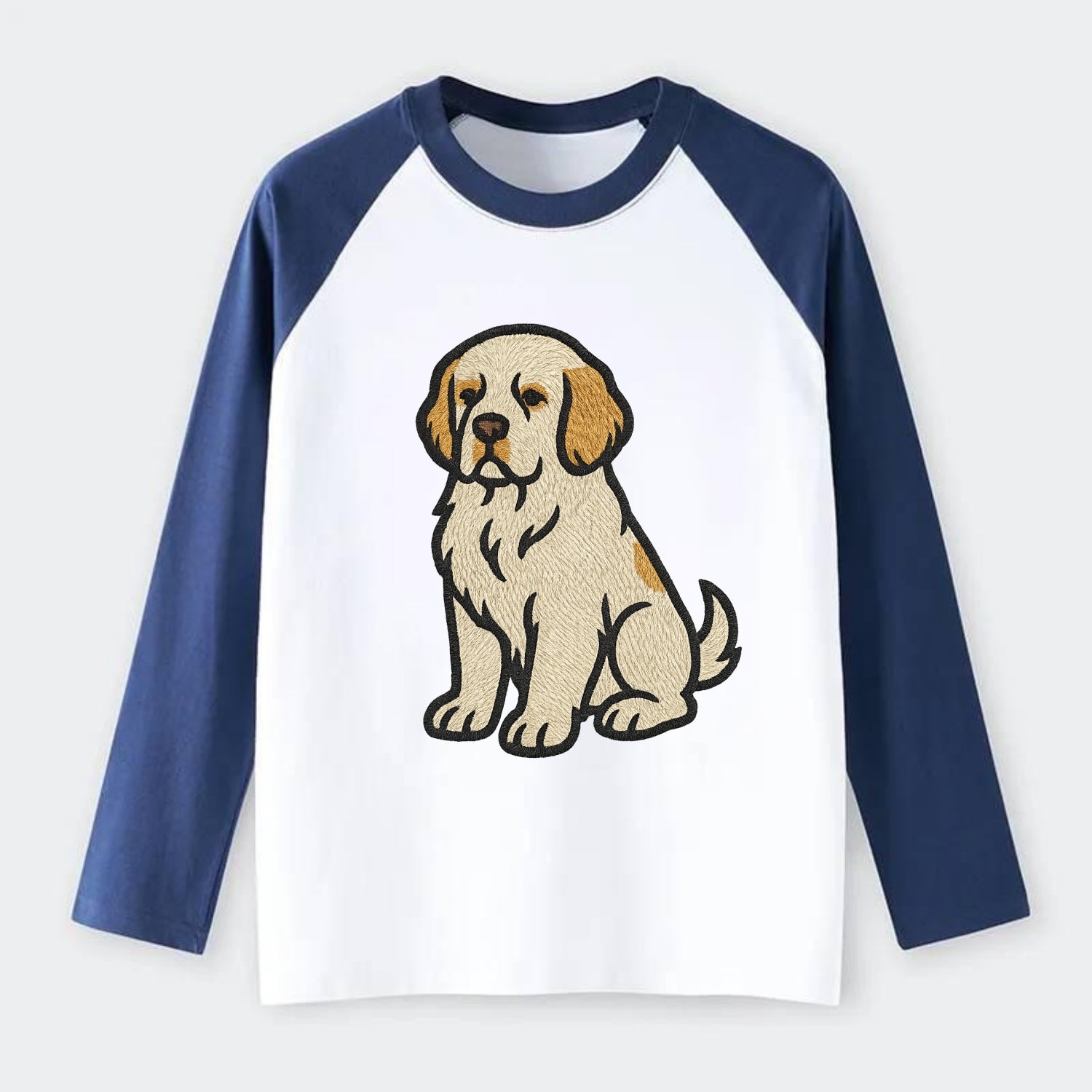 Clumber Spaniel - White with lemon markings embroidered pose - Raglan Long Sleeve T-Shirt - Blue