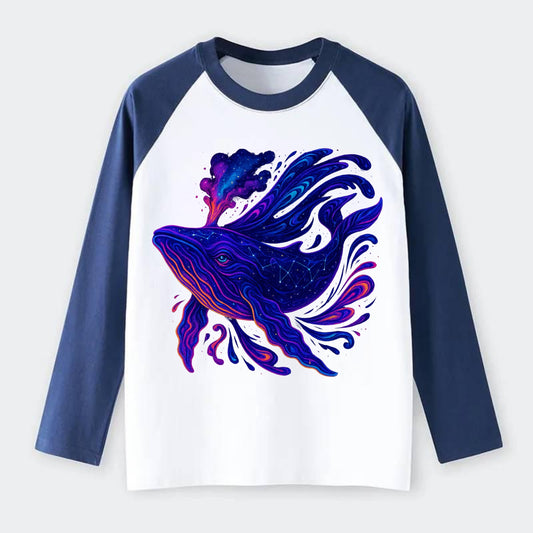 Majestic whale with body composed of galaxy clusters, stellar fins - Raglan Long Sleeve T-Shirt - Blue