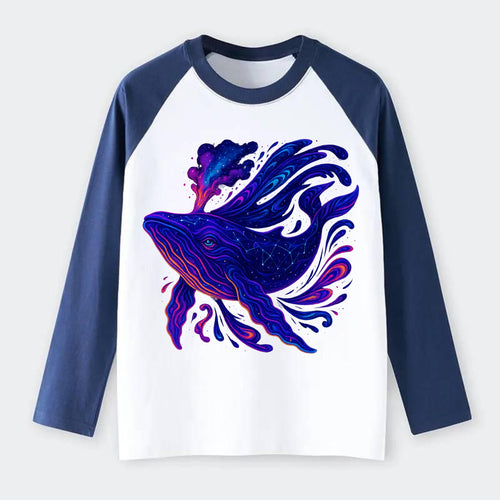 Majestic whale with body composed of galaxy clusters, stellar fins - Raglan Long Sleeve T-Shirt