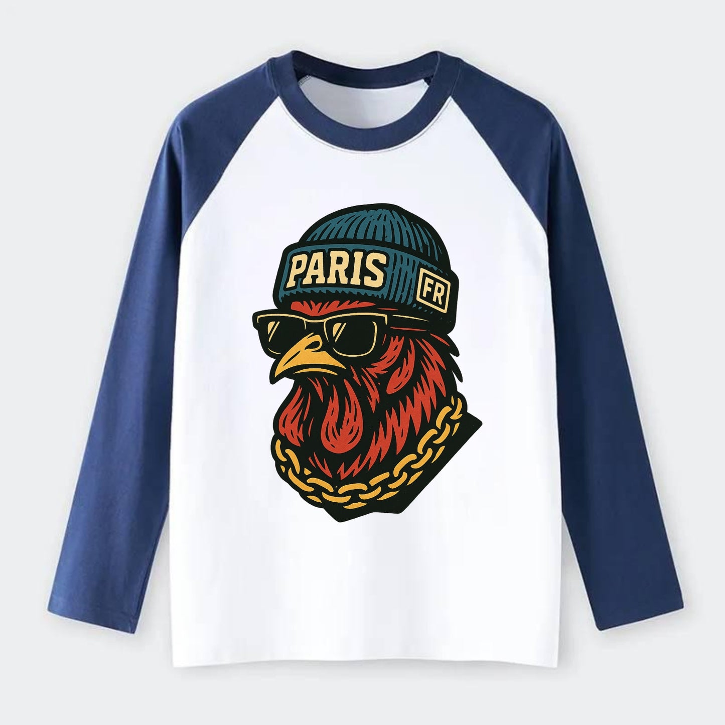 Paris Rooster - Raglan Long Sleeve T-Shirt - Blue