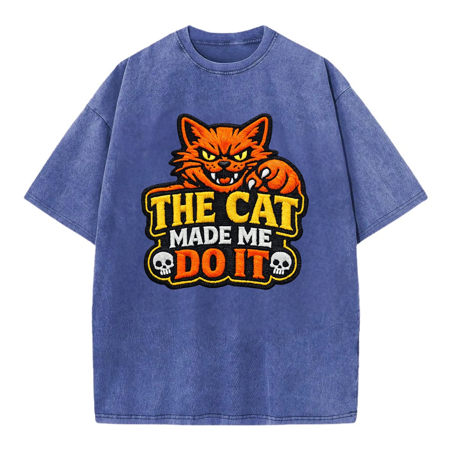 THE CAT MADE ME DO IT - mischievous cat in orange , blame the cat - Vintage T-shirt - Blue