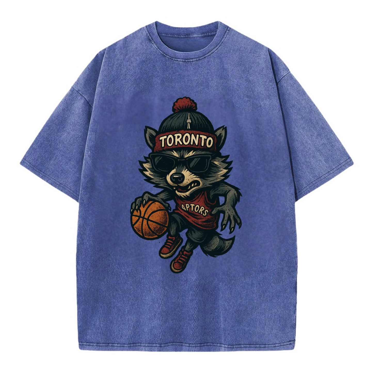 Toronto Raccoon wearing Raptors beanie with CN Tower patch and wayfarer sunglasses - Vintage T-shirt - Blue