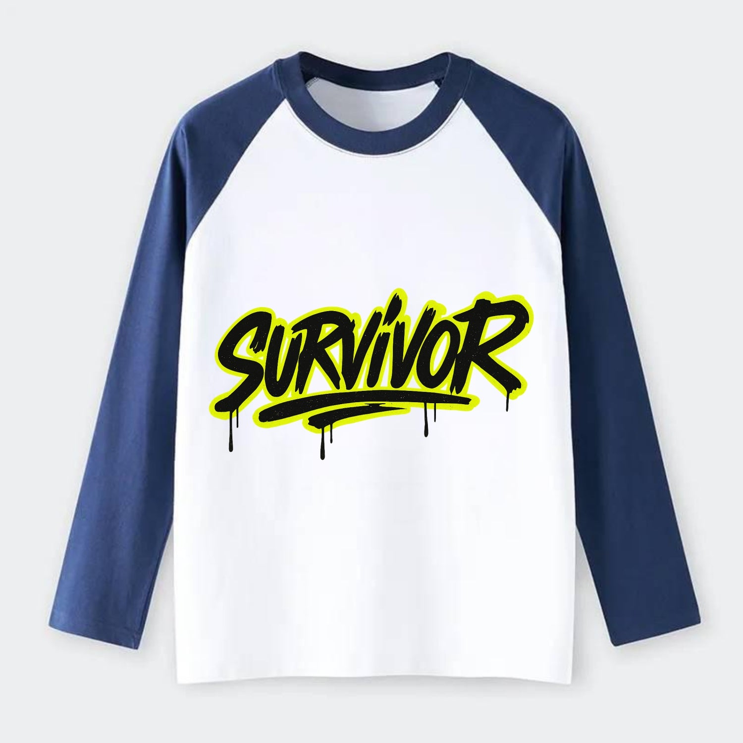 Bold typography design - "SURVIVOR" - overcomer, still standing, made - Raglan Long Sleeve T-Shirt - Blue