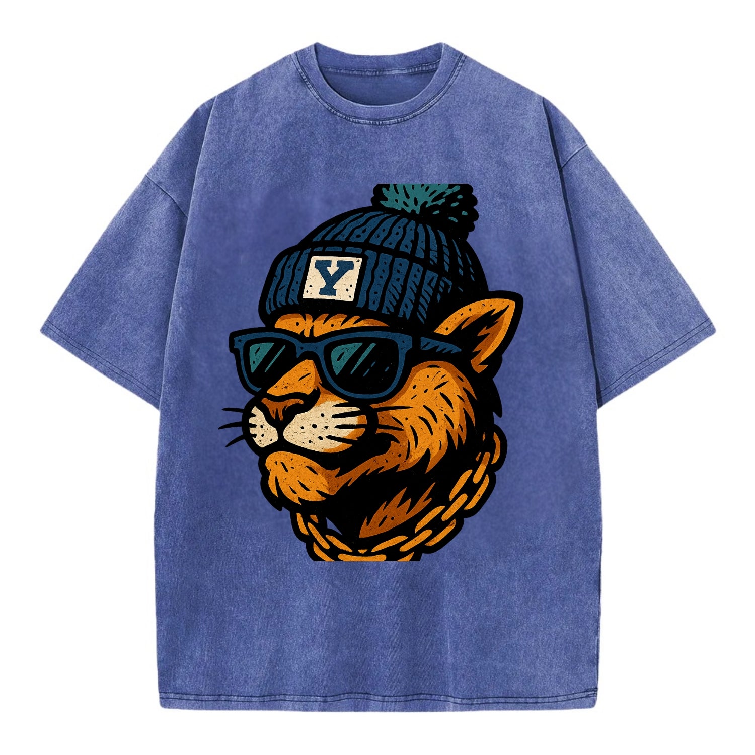 Provo Cougar wearing BYU beanie with Y patch - Vintage T-shirt - Blue