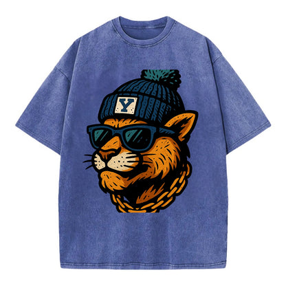 Provo Cougar wearing BYU beanie with Y patch - Vintage T-shirt - Blue