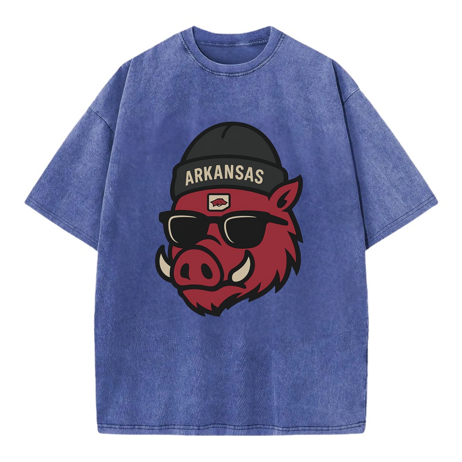 Fayetteville Razorback wearing Arkansas beanie with hog patch - Vintage T-shirt - Blue