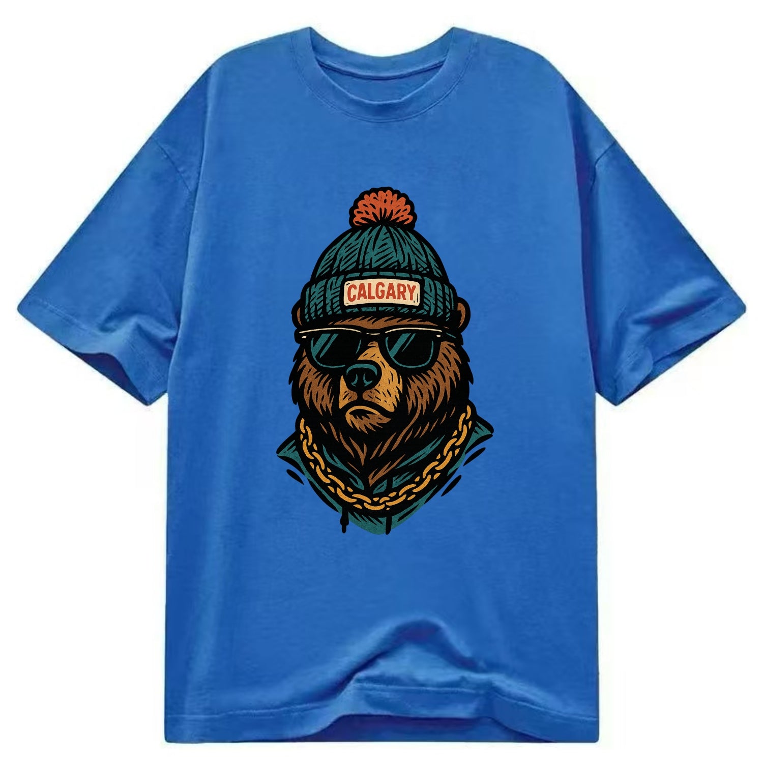 Calgary Grizzly Bear wearing Calgary beanie with pom pom and wayfarer sunglasses - Classic T-shirt - Blue