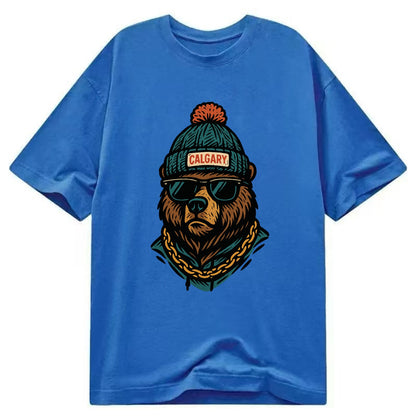 Calgary Grizzly Bear wearing Calgary beanie with pom pom and wayfarer sunglasses - Classic T-shirt - Blue
