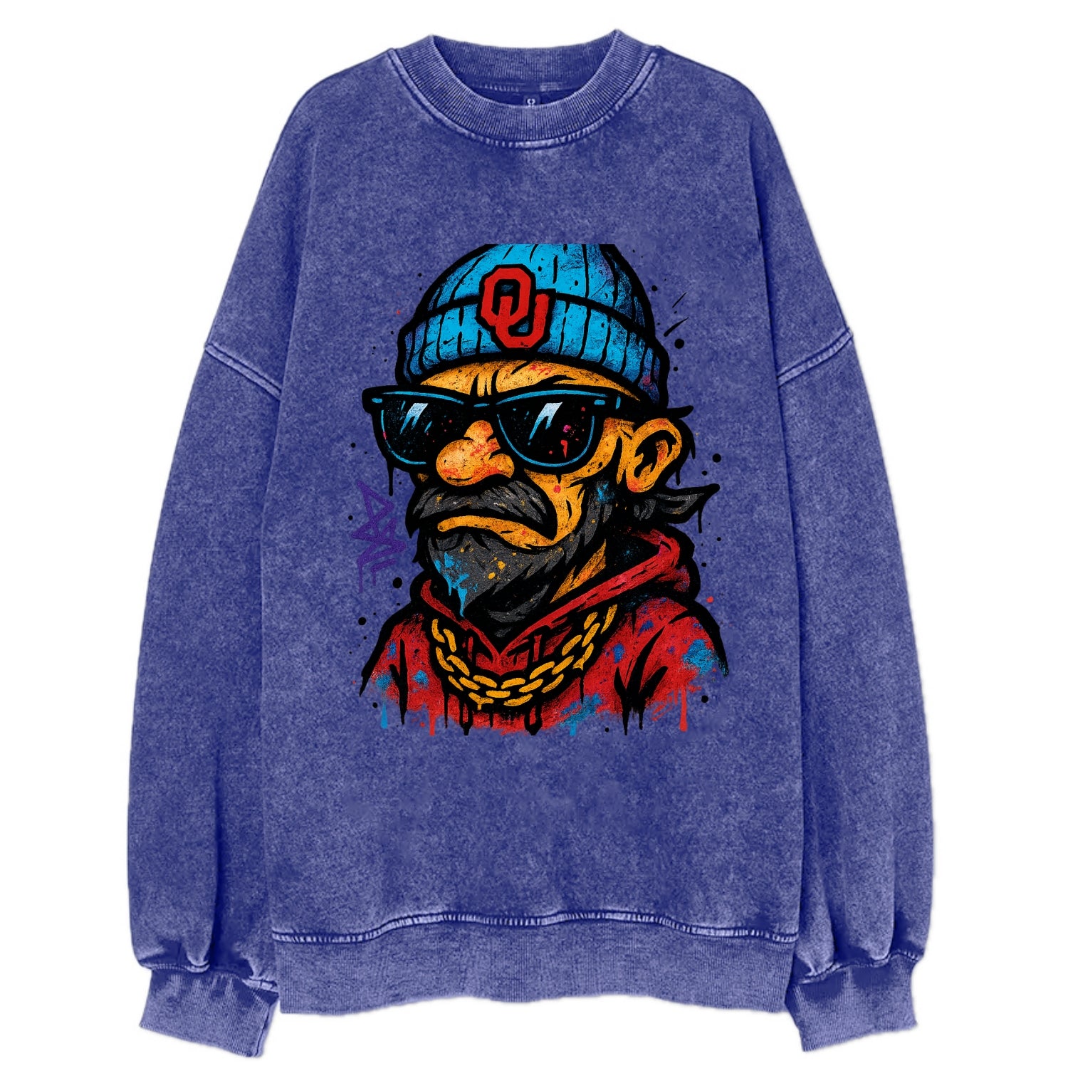 Norman Sooner wearing Oklahoma beanie with OU patch - Vintage Sweatshirt - Blue