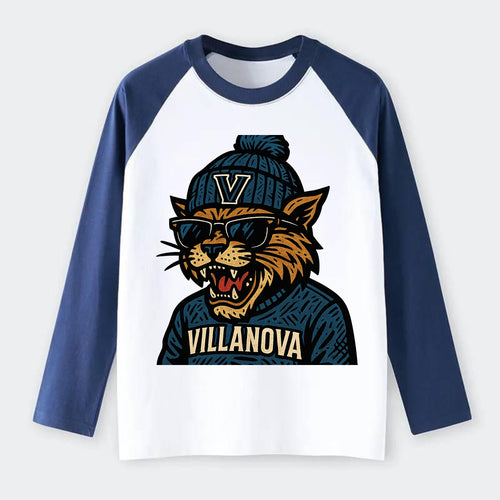 Villanova Wildcat wearing Villanova beanie with V patch - Raglan Long Sleeve T-Shirt