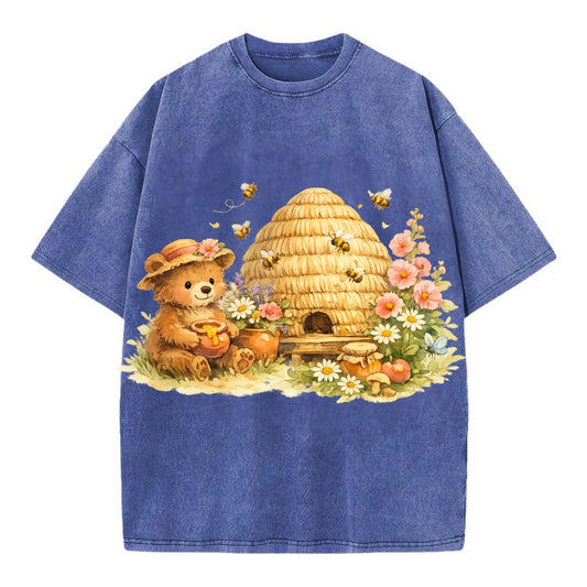 SKEP HIVE | Traditional straw beehive | Cottage garden setting | Buzzing activity - Vintage T-shirt - Blue