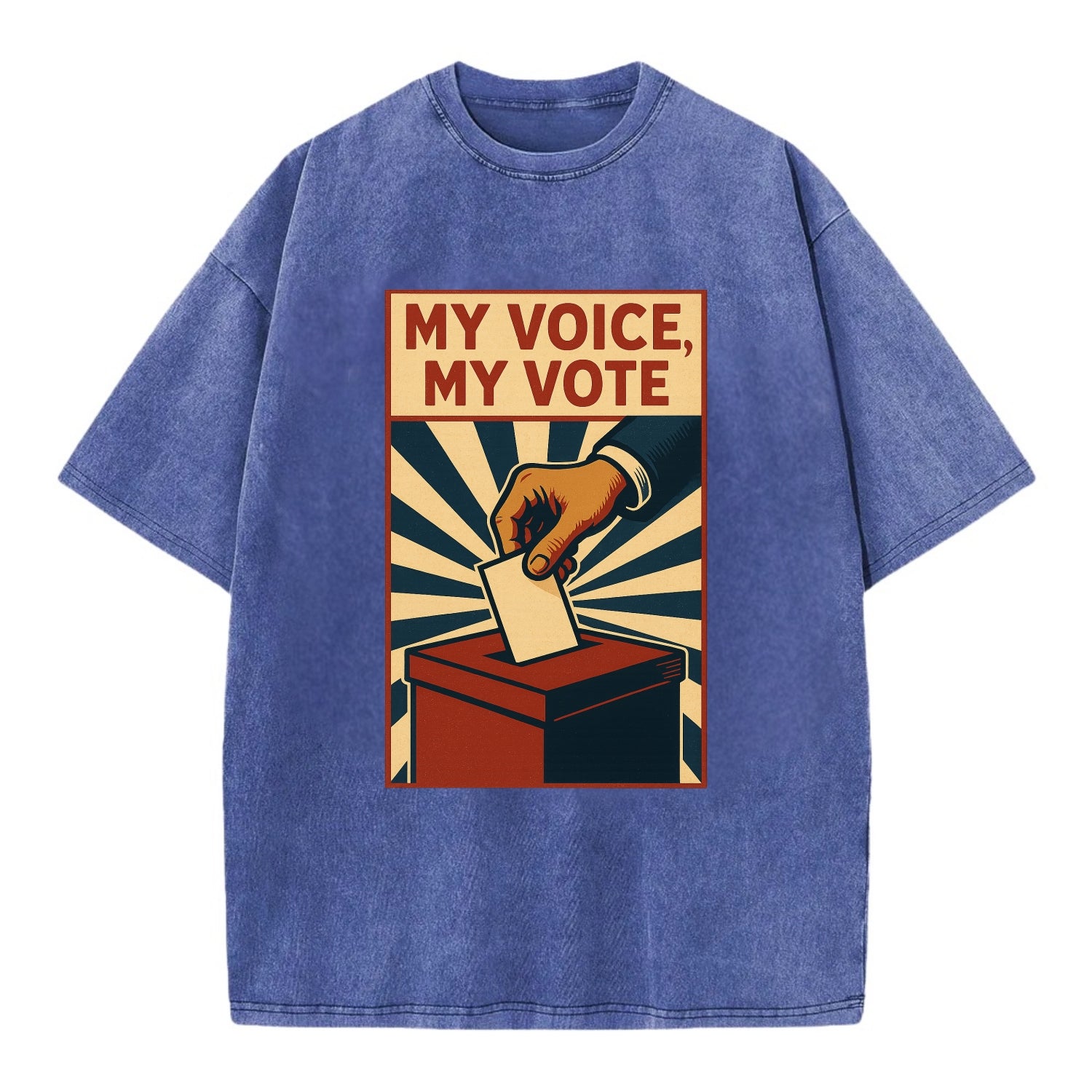 Hand dropping ballot into box with determination - "My Voice, My Vote" - - Vintage T-shirt - Blue