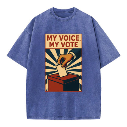 Hand dropping ballot into box with determination - "My Voice, My Vote" - - Vintage T-shirt - Blue