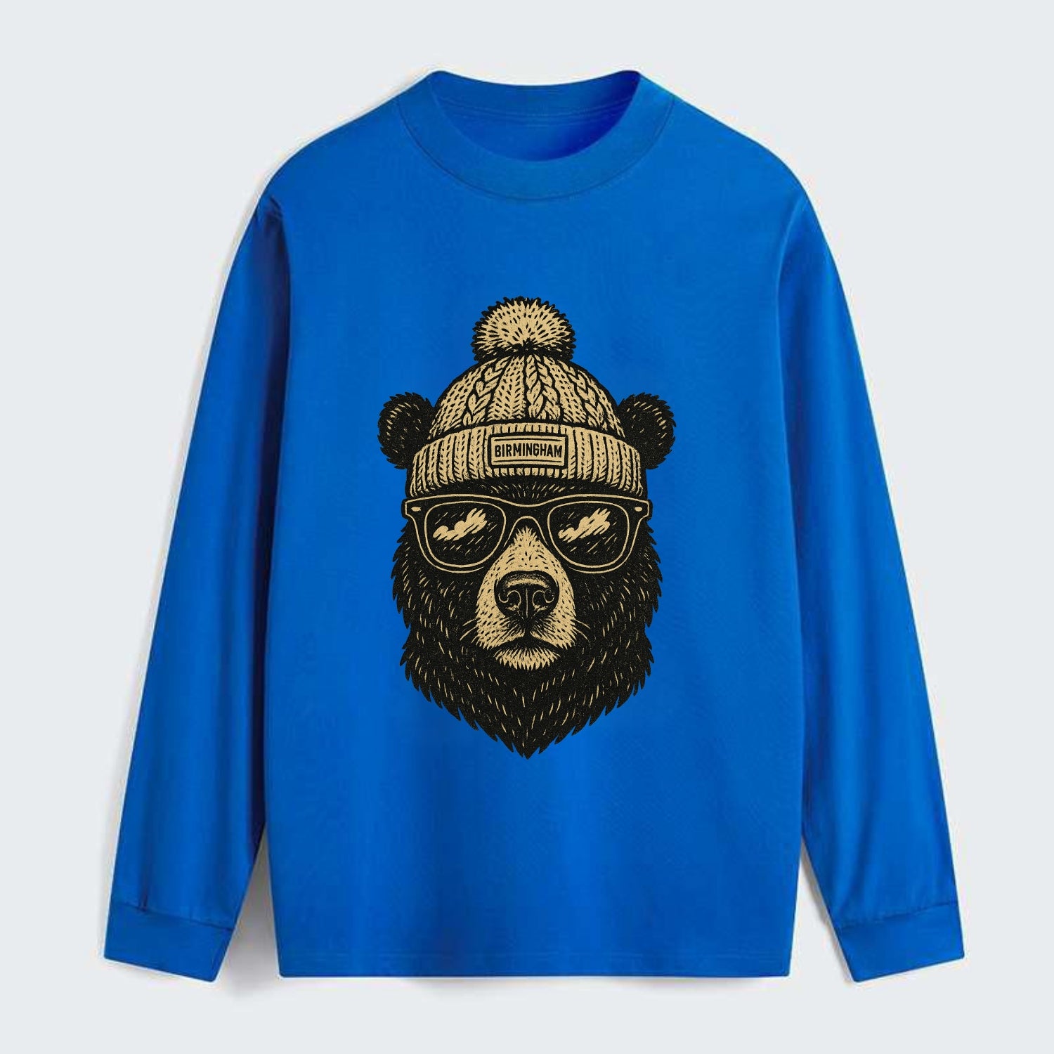 Alabama Black Bear wearing Birmingham beanie with pom pom and wayfarer - Classic Long Sleeve Shirt - Blue