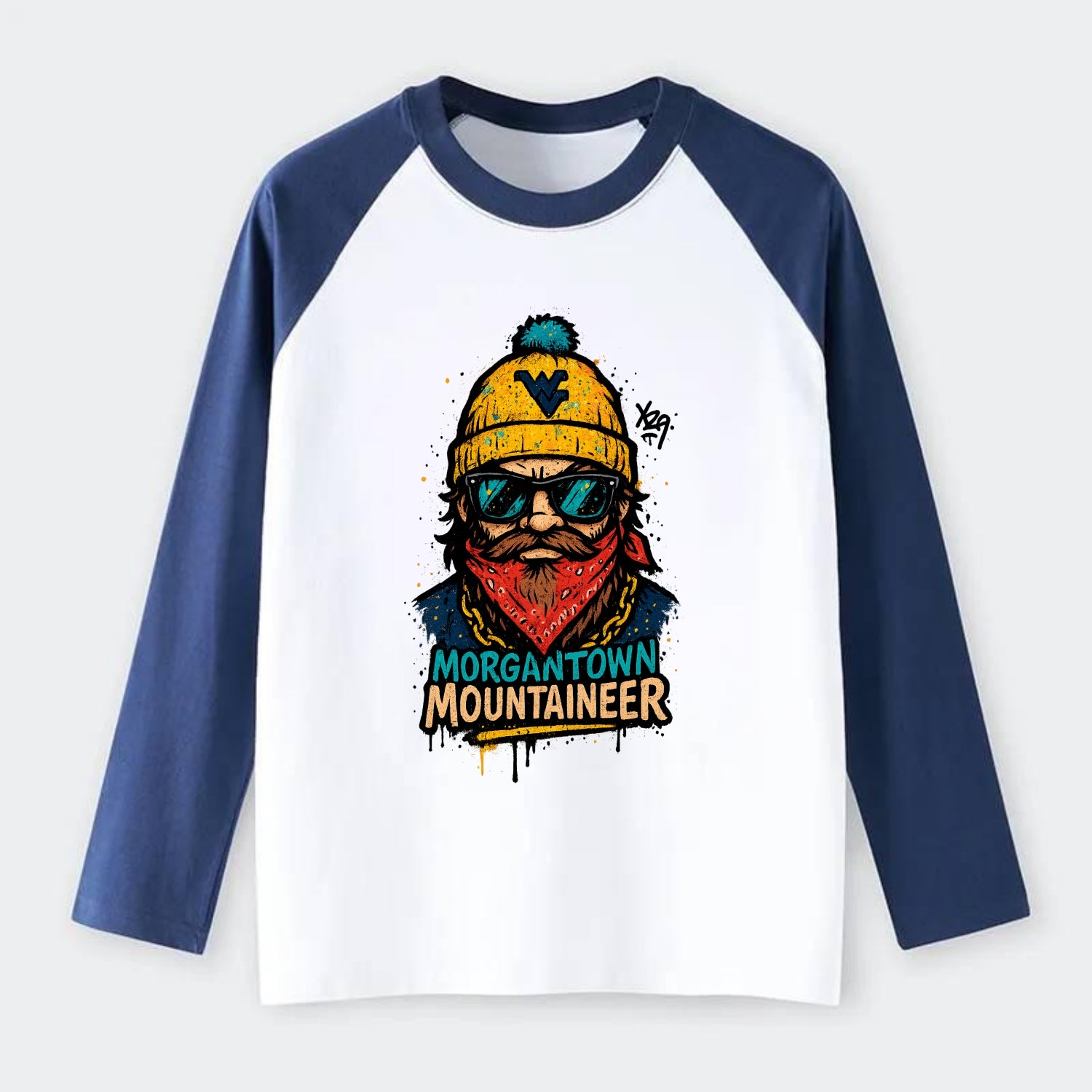 Morgantown Mountaineer wearing West Virginia beanie with WV patch - Raglan Long Sleeve T-Shirt - Blue