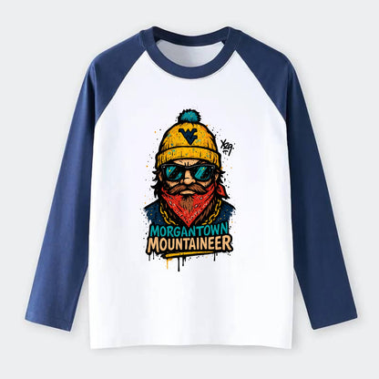 Morgantown Mountaineer wearing West Virginia beanie with WV patch - Raglan Long Sleeve T-Shirt - Blue