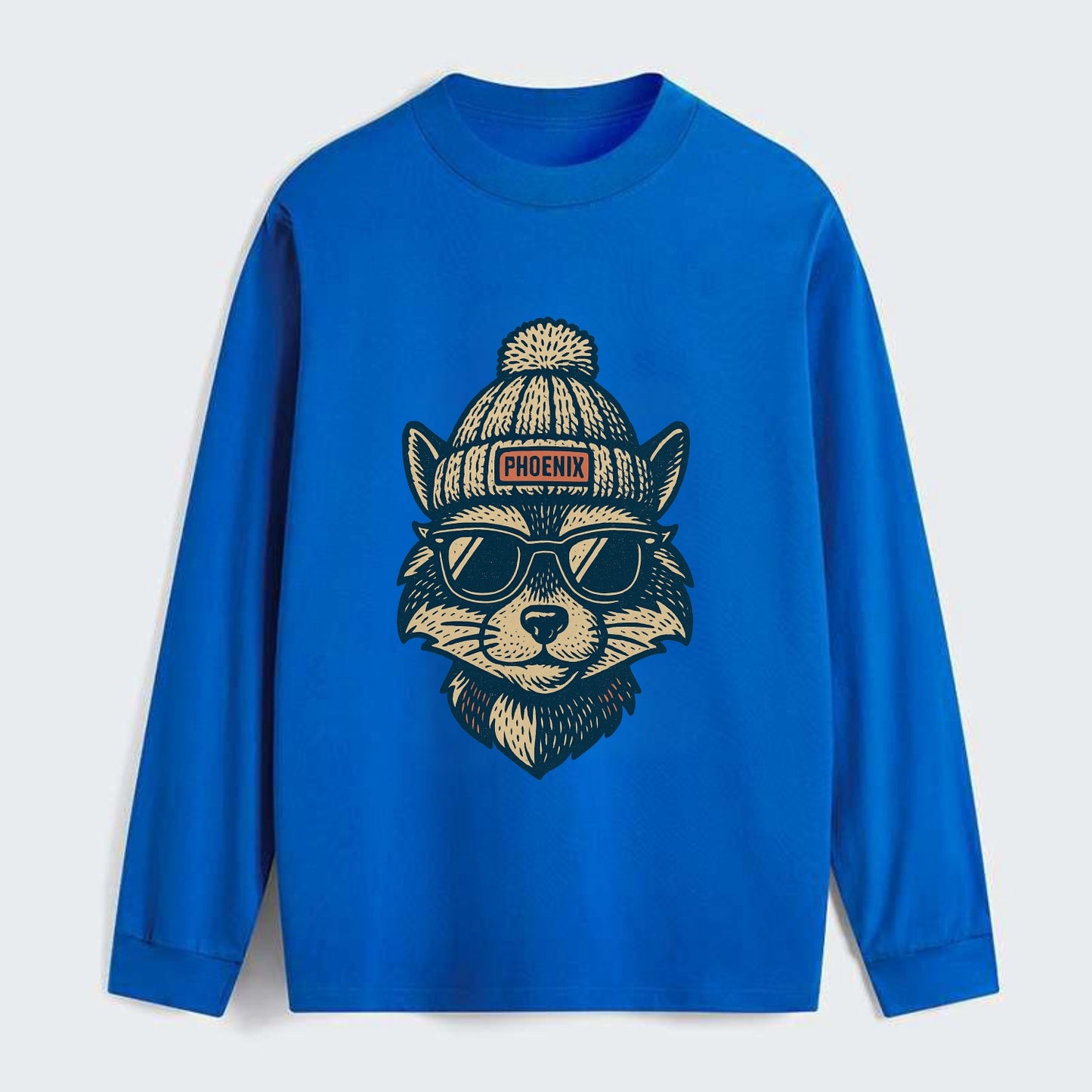 Arizona Ringtail wearing Phoenix beanie with pom pom and wayfarer - Classic Long Sleeve Shirt - Blue