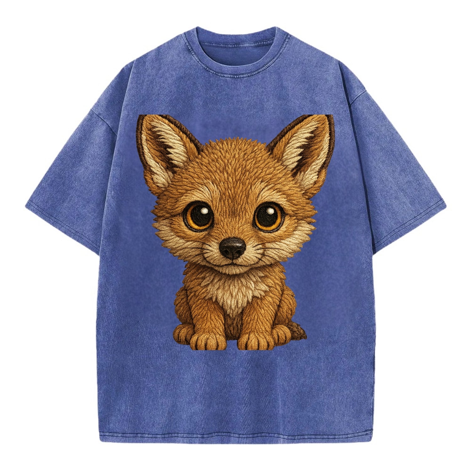 Baby Coyote Pup - tan fur, large ears, golden eyes, front-facing, clever baby - Vintage T-shirt - Blue
