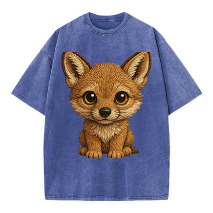 Baby Coyote Pup - tan fur, large ears, golden eyes, front-facing, clever baby - Vintage T-shirt - Blue