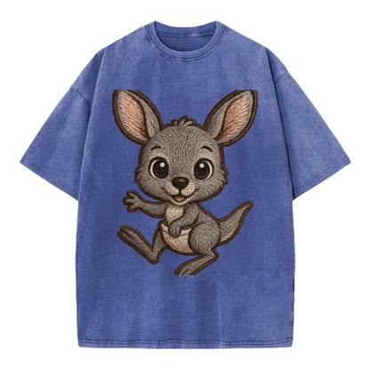 Baby Kangaroo Joey - gray fur, large ears, in pouch peek, bright eyes, - Vintage T-shirt - Blue