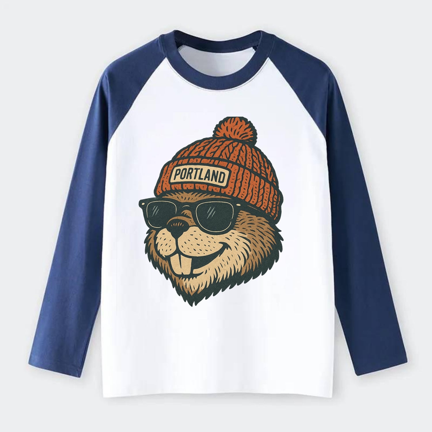 Oregon Beaver wearing Portland beanie with pom pom and wayfarer - Raglan Long Sleeve T-Shirt - Blue