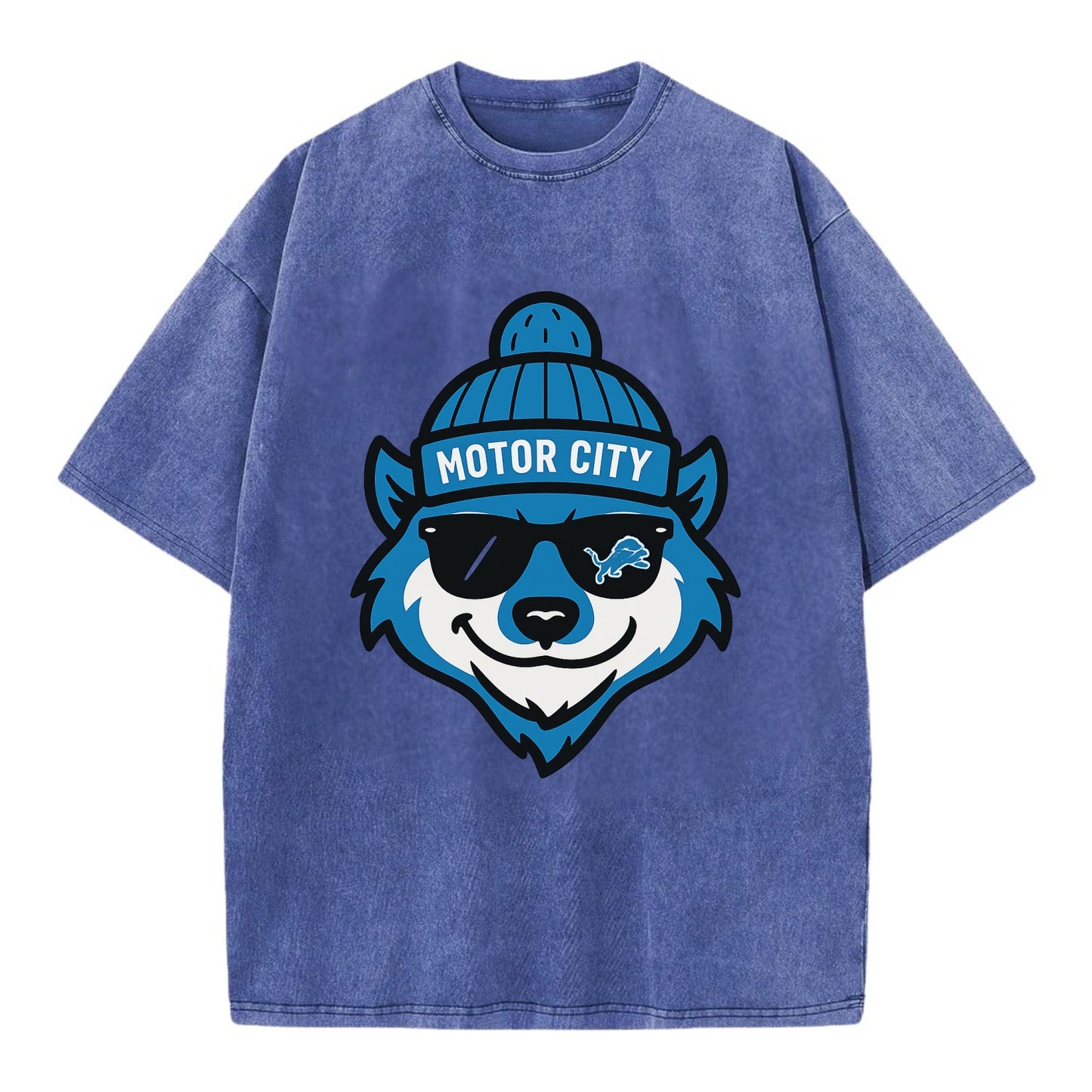 Motor City Wolverine wearing Lions beanie with gear patch and wayfarer sunglasses - Vintage T-shirt - Blue