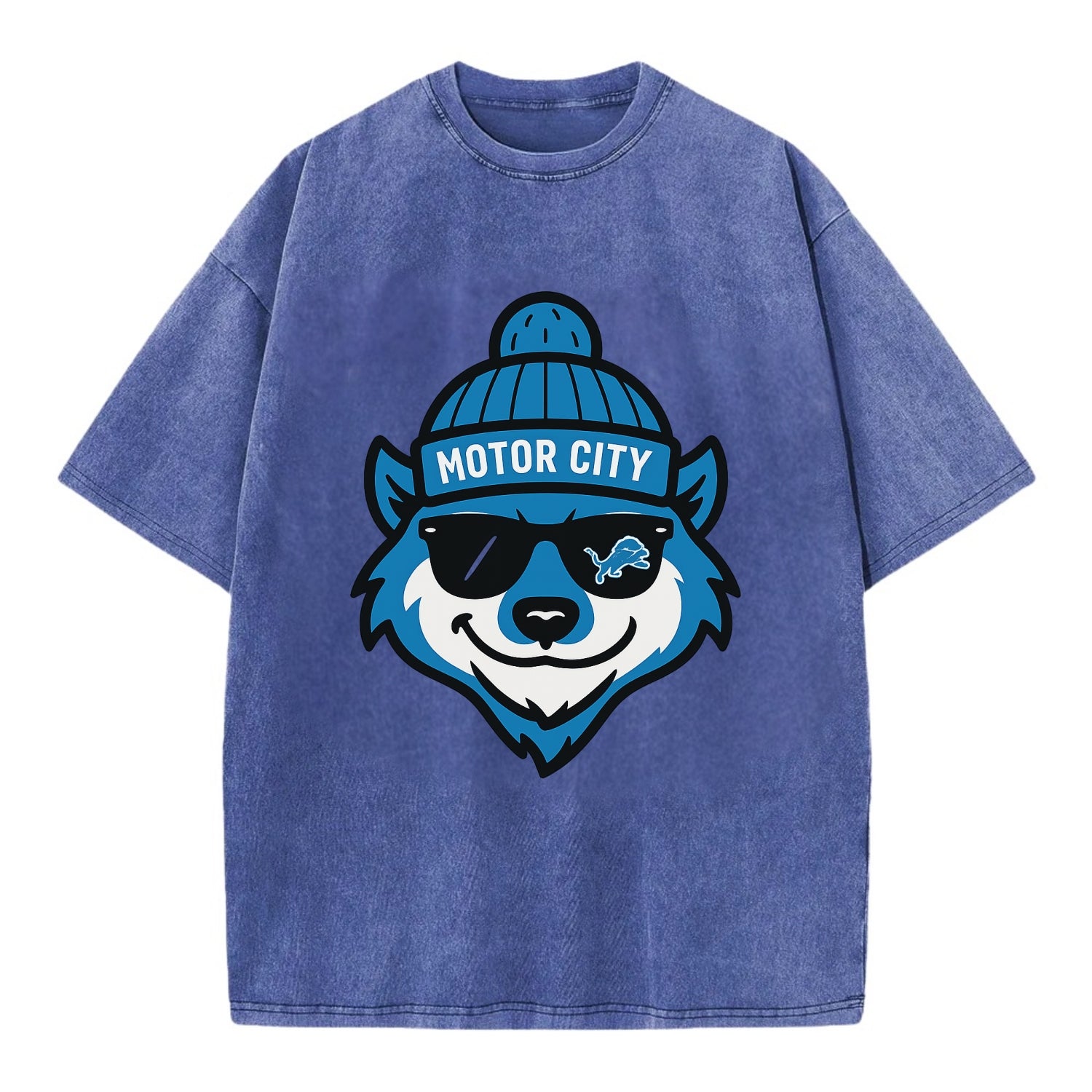 Motor City Wolverine wearing Lions beanie with gear patch and wayfarer sunglasses - Vintage T-shirt - Blue