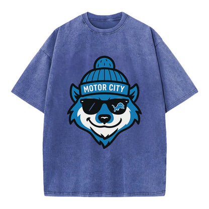 Motor City Wolverine wearing Lions beanie with gear patch and wayfarer sunglasses - Vintage T-shirt - Blue