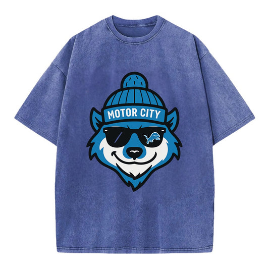 Motor City Wolverine wearing Lions beanie with gear patch and wayfarer sunglasses - Vintage T-shirt - Blue