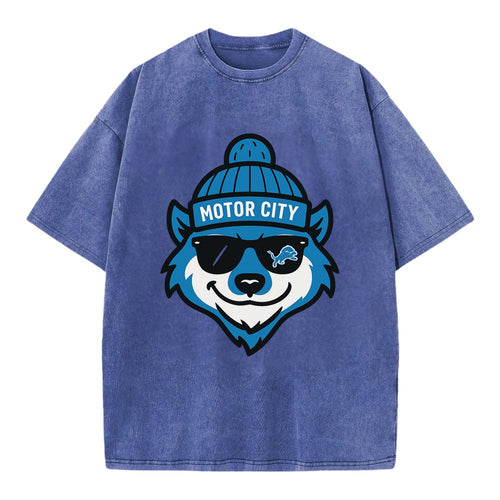 Motor City Wolverine wearing Lions beanie with gear patch and wayfarer sunglasses - Vintage T-shirt
