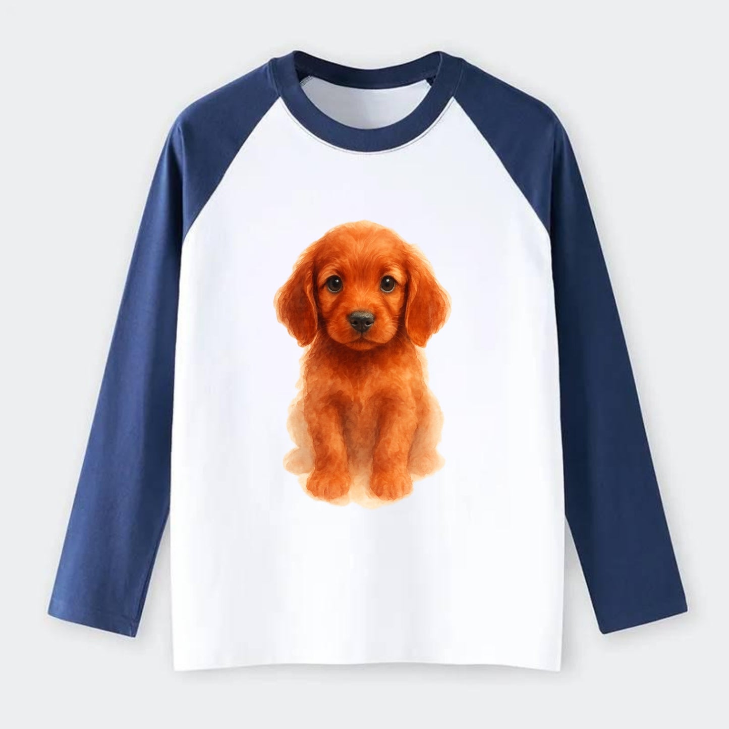 Baby Irish Setter Puppy - mahogany red coat, feathered ears, friendly - Raglan Long Sleeve T-Shirt - Blue
