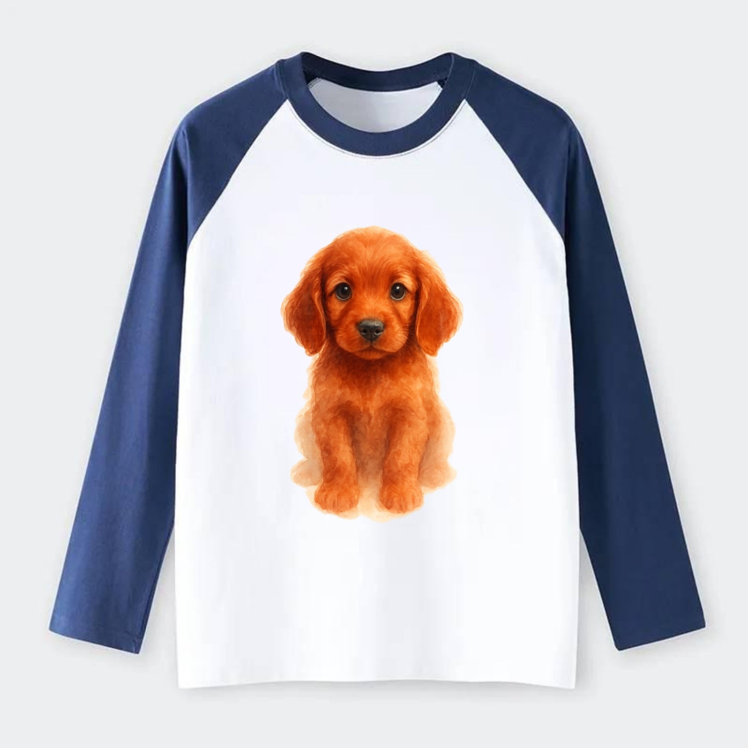 Baby Irish Setter Puppy - mahogany red coat, feathered ears, friendly - Raglan Long Sleeve T-Shirt - Blue